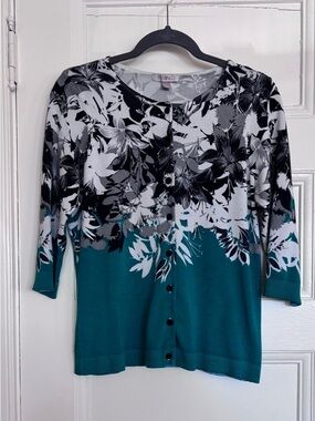 Roz & Ali Green While Floral Button-Front Women's 3/4 Sleeve Sweater - Size L